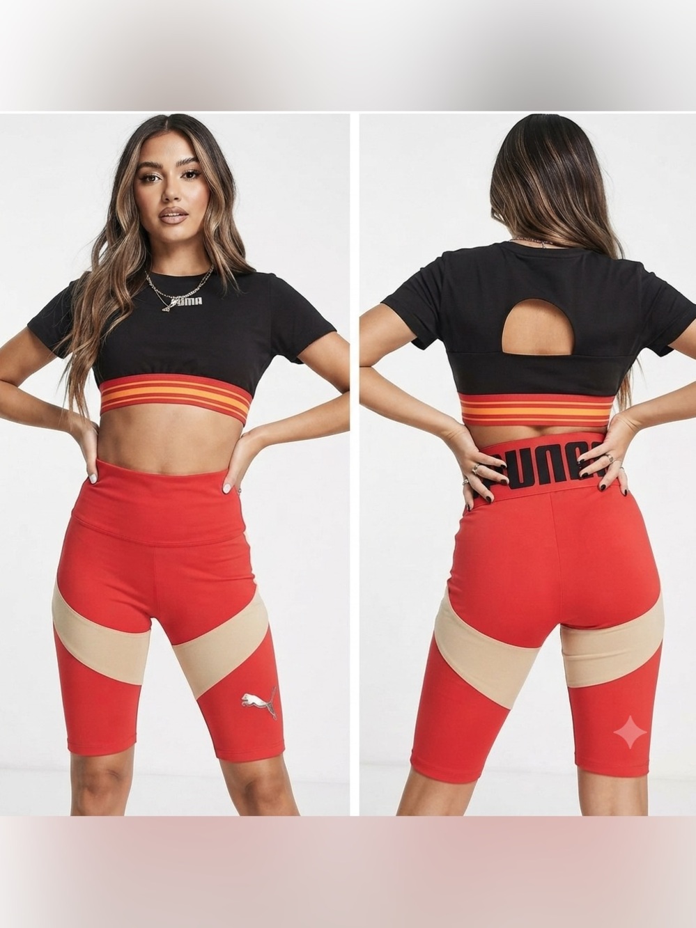Puma Black Cropped Tee with Red and Orange Stripe Waistband